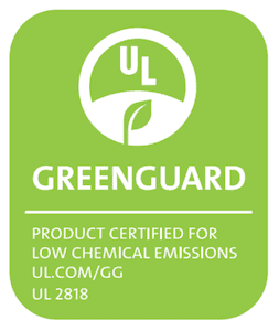 The GreenGuard certification icon, a light green vertical oblong with rounded corners. The text reads "GreenGuard" at the top and underneath "Product certified for low chemical emissions ul.com/gg UL2818". At the bottom it reads "GOLD"