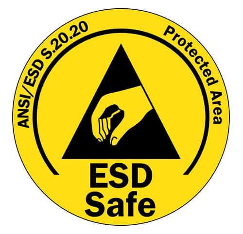 A circular ESD safe symbol for a protected area in yellow with the ESD symbol in the center in black and the text "ESD Safe". In the top left corner of the circle is the text "ANSI/ESD S20.20" and in the right is the txt "Protected Area"