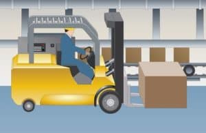 An illustration of someone driving a yellow forklift truck with a large box on the front prongs