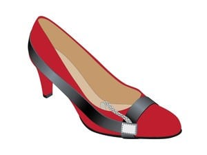 Illustration of a red high heeled shoe with toe strap attached
