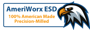 Graphic has an illustration a simplified eagle's head on the right hand site and on the left is text bordered in blue reading "AmeriWorx ESD" in blue and underneath in orange the text reads "100% American Made Precision-Milled"