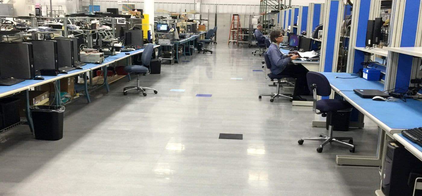 Completed installation of AmeriWorx ESD solid vinyl tile in an electronics handling and manufacturing facility