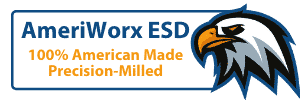 Graphic has an illustration a simplified eagle's head on the right hand site and on the left is text bordered in blue reading "AmeriWorx ESD" in blue and underneath in orange the text reads "100% American Made Precision-Milled"