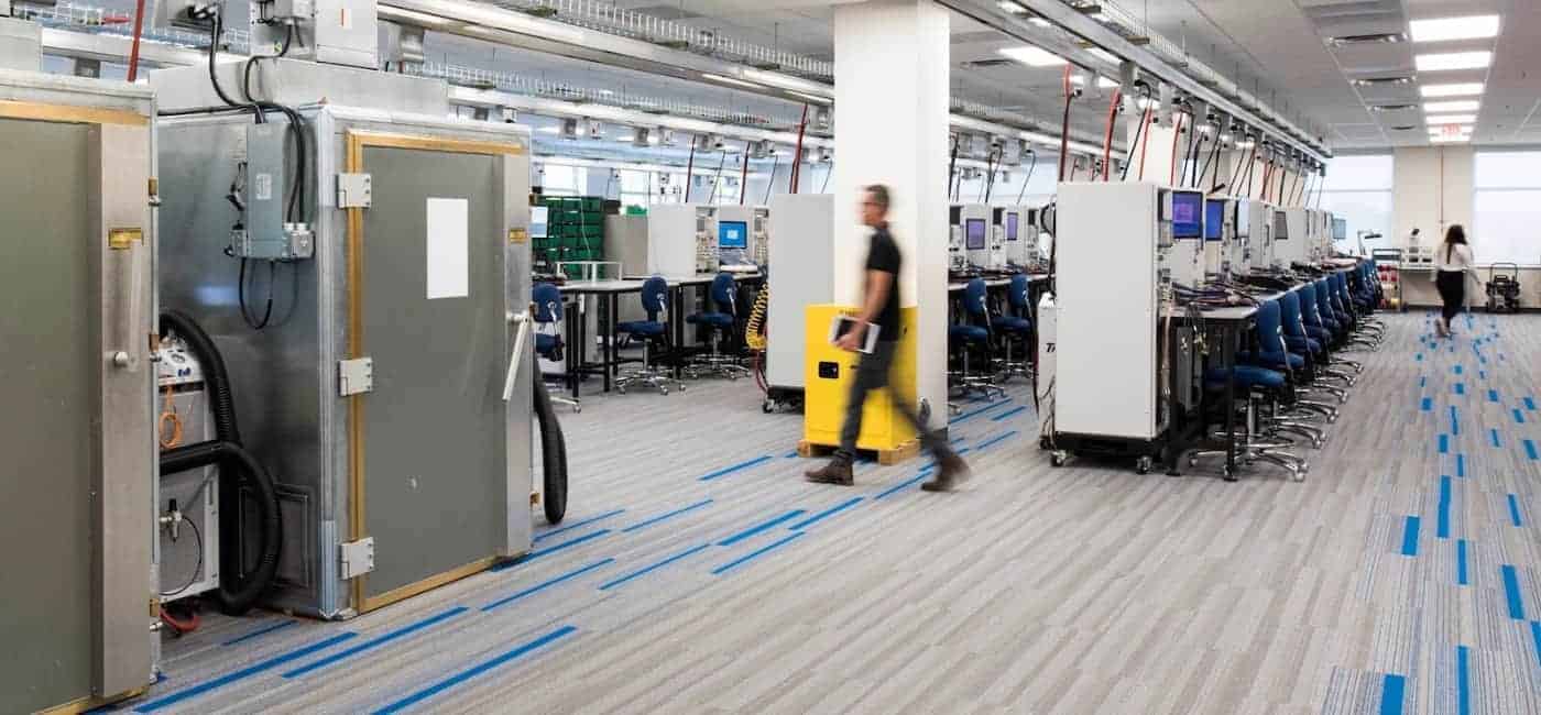 Photo is of a completed ShadowFX static-dissipative (ESD) carpet installation in an electronics manufacturing and assembly facility.