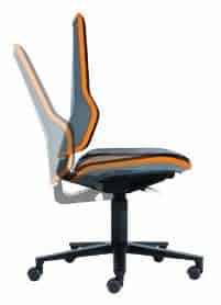 Illustration of a StaticWorx Bolt ESD chair, showing the chair back in an upright position but a faded illustration shown the back in a tilted position to demonstrate that it is adjustable.