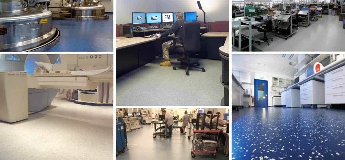 A six panel collage of Eclipse EC (ESD) rubber flooring installations in various applications include an MRI suite, a laboratory, a factory and a police dispatch room.