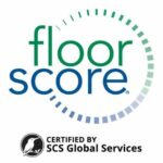 The FloorScore icon in blue and green with the word "floor" in green with a green dashed semi circle running round it and beneath the word "score" in blue with a blue dash semi circle completing the loop. The text underneath reads "Certified by SCS Global Services"