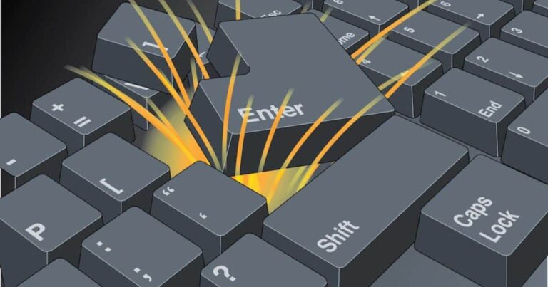Image is an illustration of a blown keyboard with sparks symbolising ESD damage.