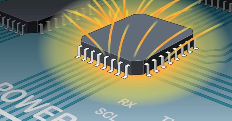 Image is an illustration of a blown chip in a circuitboard with sparks symbolising ESD damage.