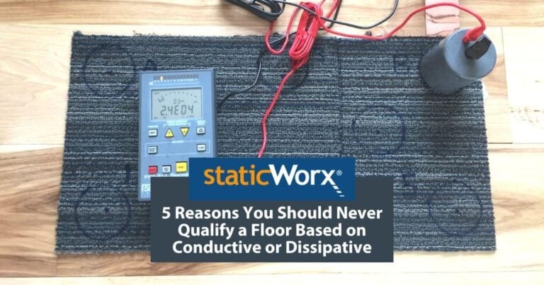 Background image is an ohm meter on a carpet tile. At the bottom of the image is at dark blue grey rectangle with the title “5 Reasons You Should Never Qualify a Floor Based on Conductive or Dissipative” and above this box is the StaticWorx logo - the word static in orange and Worx in white with a trailing X - in a bright blue box.