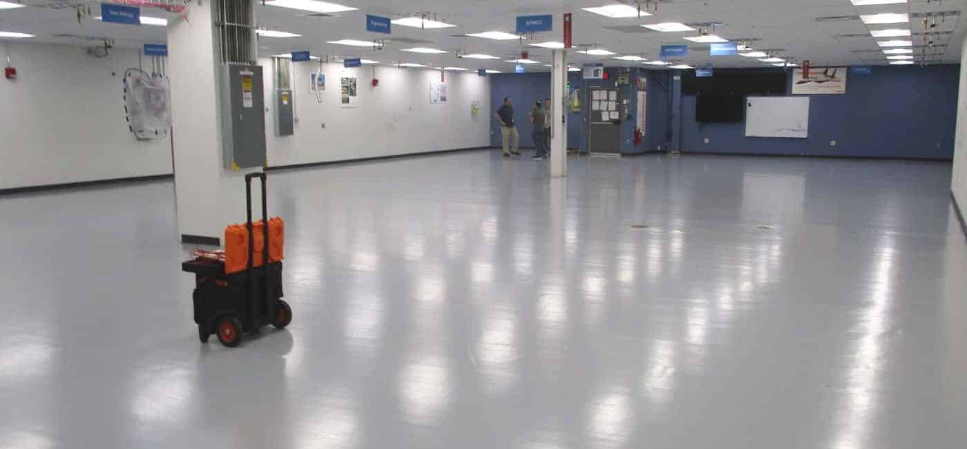 Photo of a completed installation of GroundWorx Ultra ESD epoxy flooring in an empty laboratory.