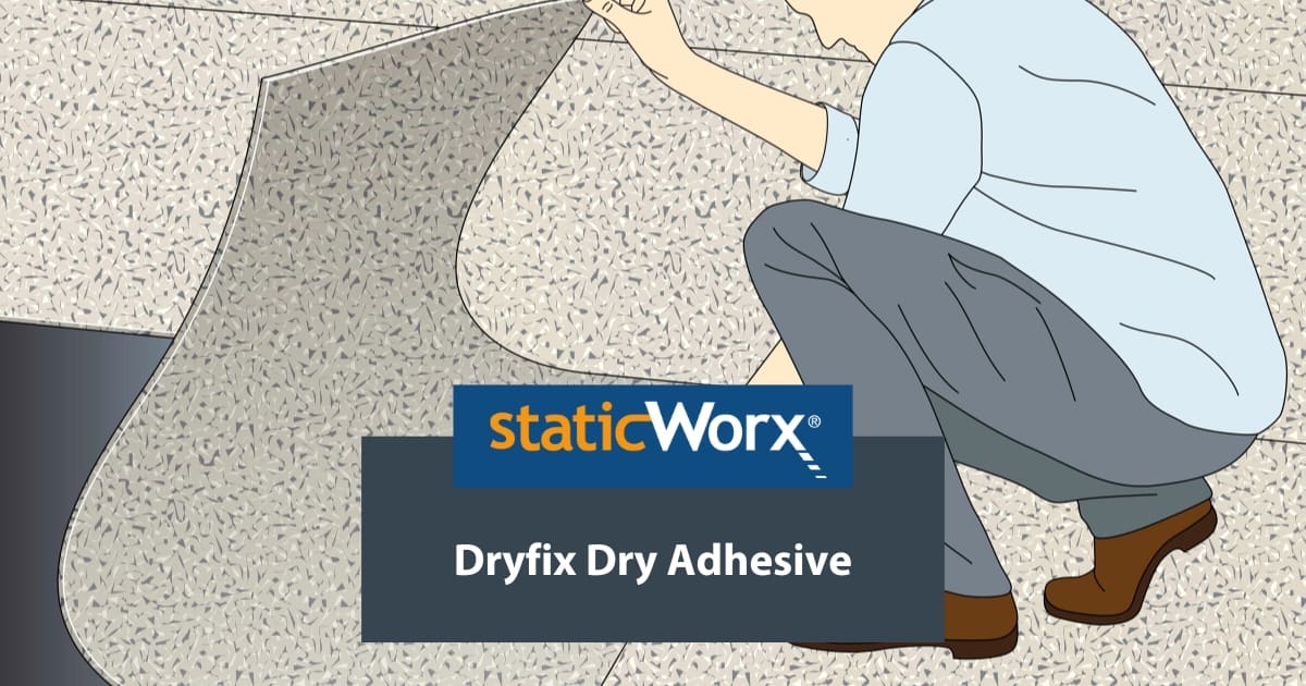 Background image is a cropped illustration of a contractor laying Eclipse EC (ESD) rubber flooring on DryFix dry adhesive. In the foreground at the bottom are two boxes. The top is a bright blue with the StaticWorx logo. The second is a dark blue-gray and includes the text in white: “DryFix Dry Adhesive”
