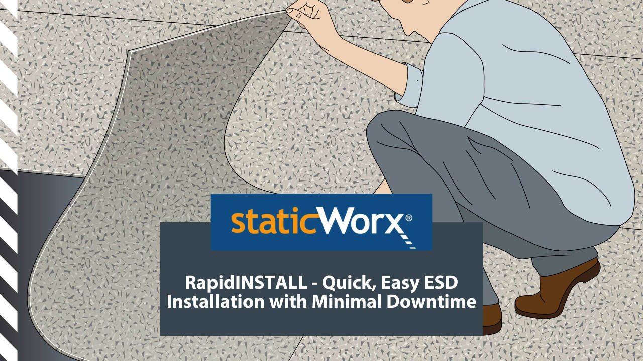 Background image is a still image from a video showing schematics, how the system works, and gives you step-by-step instructions on how to install sheet flooring or tile using RI 2.0 and the RapidINSTALL system.. The second is a dark blue-gray and includes the text in white: “RapidINSTALL - Quick, Easy ESD Installation With Minimal Downtime ”