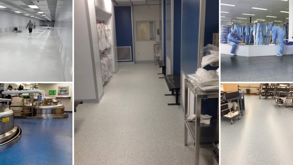 A 5 piece collage which shows StaticWorx ESD flooring installed in cleanrooms and labs
