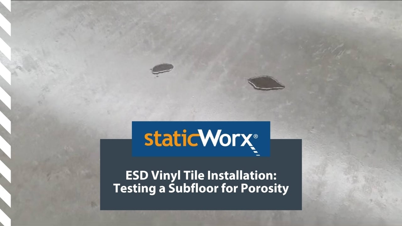 Background image is a completed still for a video showing the testing of a floor for porosity. At the bottom is a bright blue with the StaticWorx logo. The second is a dark blue-gray and includes the text in white: “ESD Vinyl Tile Installation: Testing a Subfloor for Porosity”