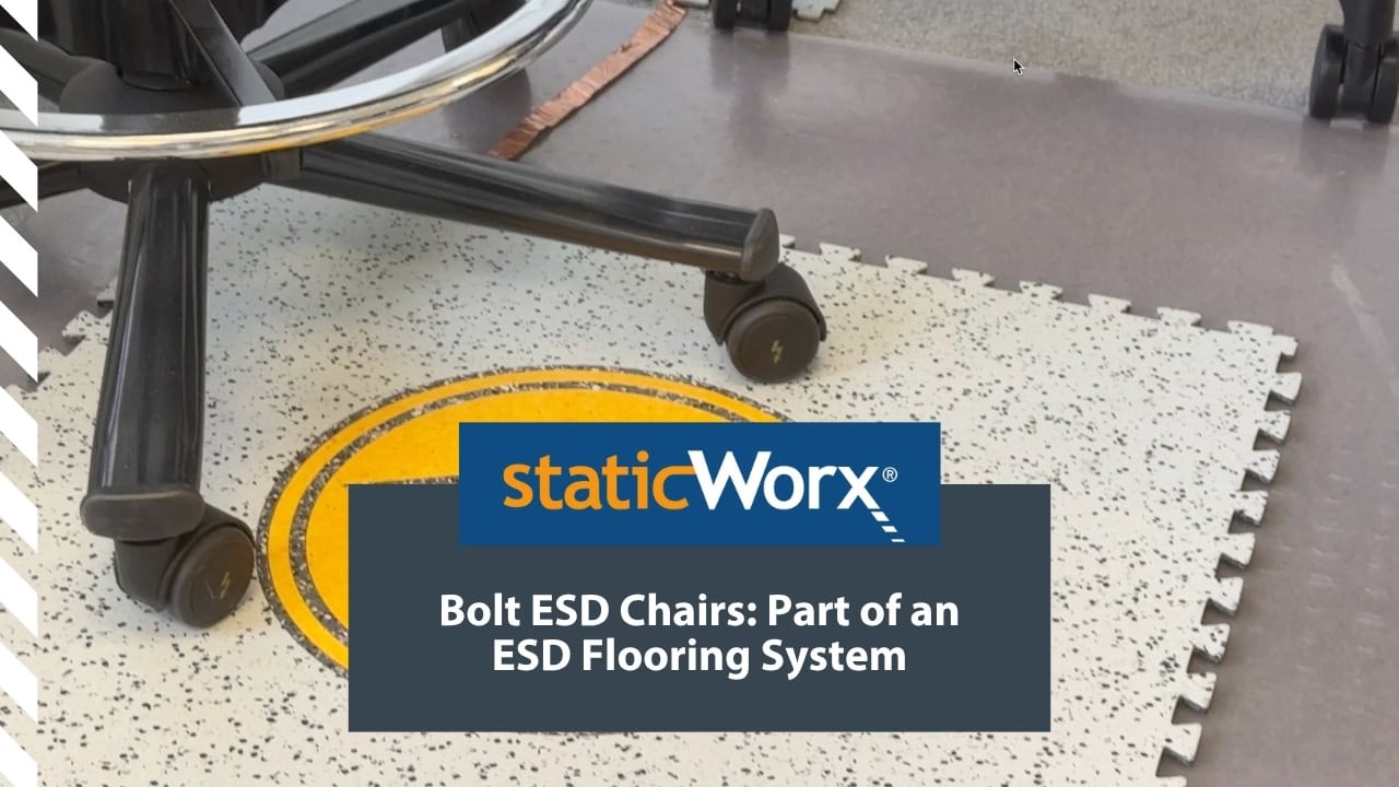 Background image is a completed still for a video showing a demo of static generated on a non-ESD chair and shows you how quickly it's dissipated simply by touching a Bolt ESD chair, which is sitting on a GroundLock Extreme ESD tile. At the bottom is a bright blue with the StaticWorx logo. The second is a dark blue-gray and includes the text in white: “Testing ESD Vinyl Tile for Durability, Benchmark, 2024”