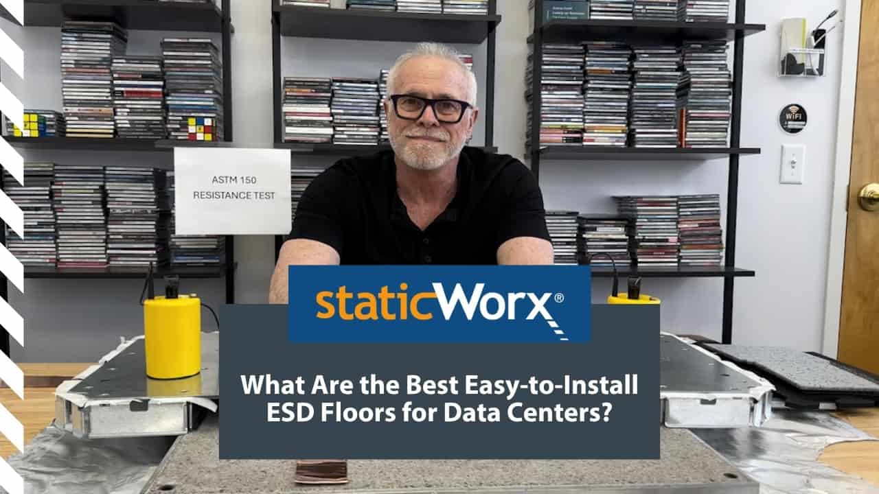 Background image is a completed still from a video advising on the best ESD flooring for data centers. At the bottom is a bright blue with the StaticWorx logo. The second is a dark blue-gray and includes the text in white: “What Are the Best Easy-to-Install ESD Floors for Data Centers?”