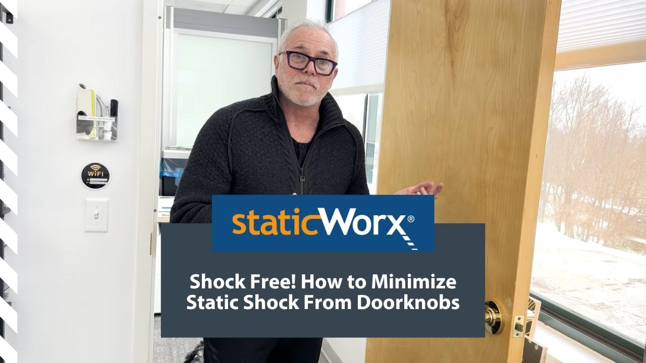 Background image is a completed still from a video demonstrating how to minimize static when touching a doorknob. At the bottom is a bright blue with the StaticWorx logo. The second is a dark blue-gray and includes the text in white: “Shock Free! How to Minimize Static Shock From Doorknobs”