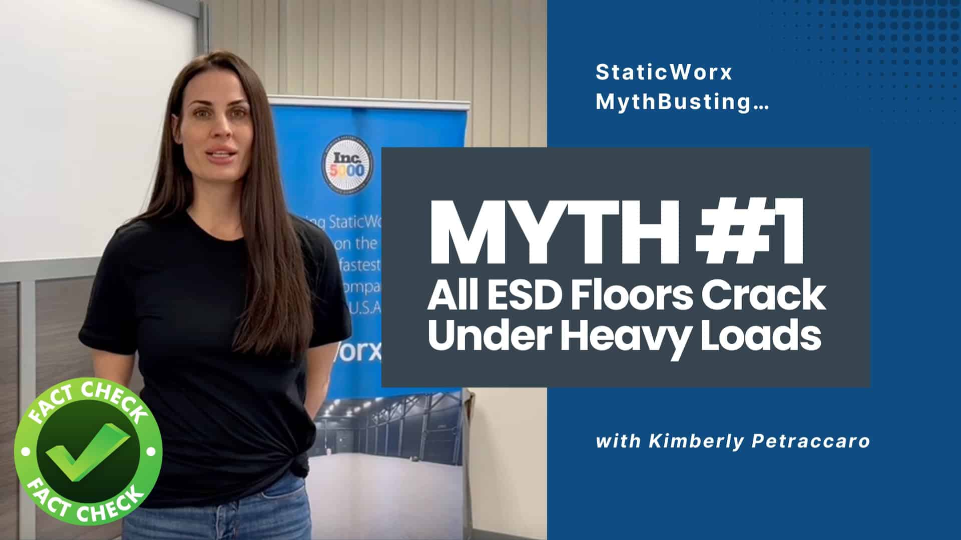 Background image is a completed still from a video the durability of ESD Floors under heavy loads. In the centre is a gray box and includes the text in white: “Myth #1: All ESD Floors Crack Under Heavy Loads”