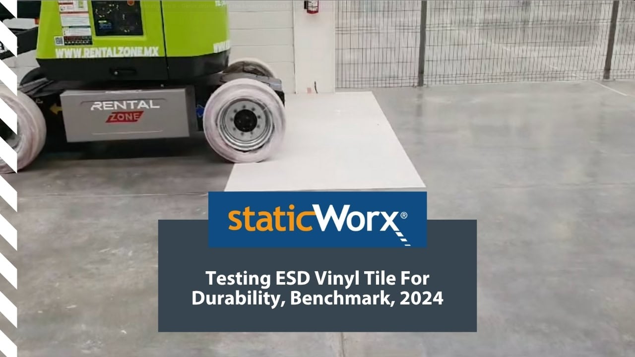 Background image is a completed still for a video showing the testing of ESD Vinyl Tile for durability. At the bottom is a bright blue with the StaticWorx logo. The second is a dark blue-gray and includes the text in white: “Testing ESD Vinyl Tile for Durability, Benchmark, 2024”