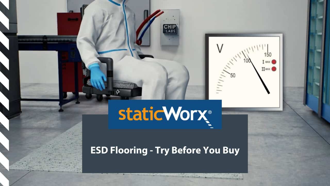 Background image is a still image from a video about testing ESD floor samples before committing to buying. The second is a dark blue-gray and includes the text in white: “ESD Flooring: Try Before You Buy”