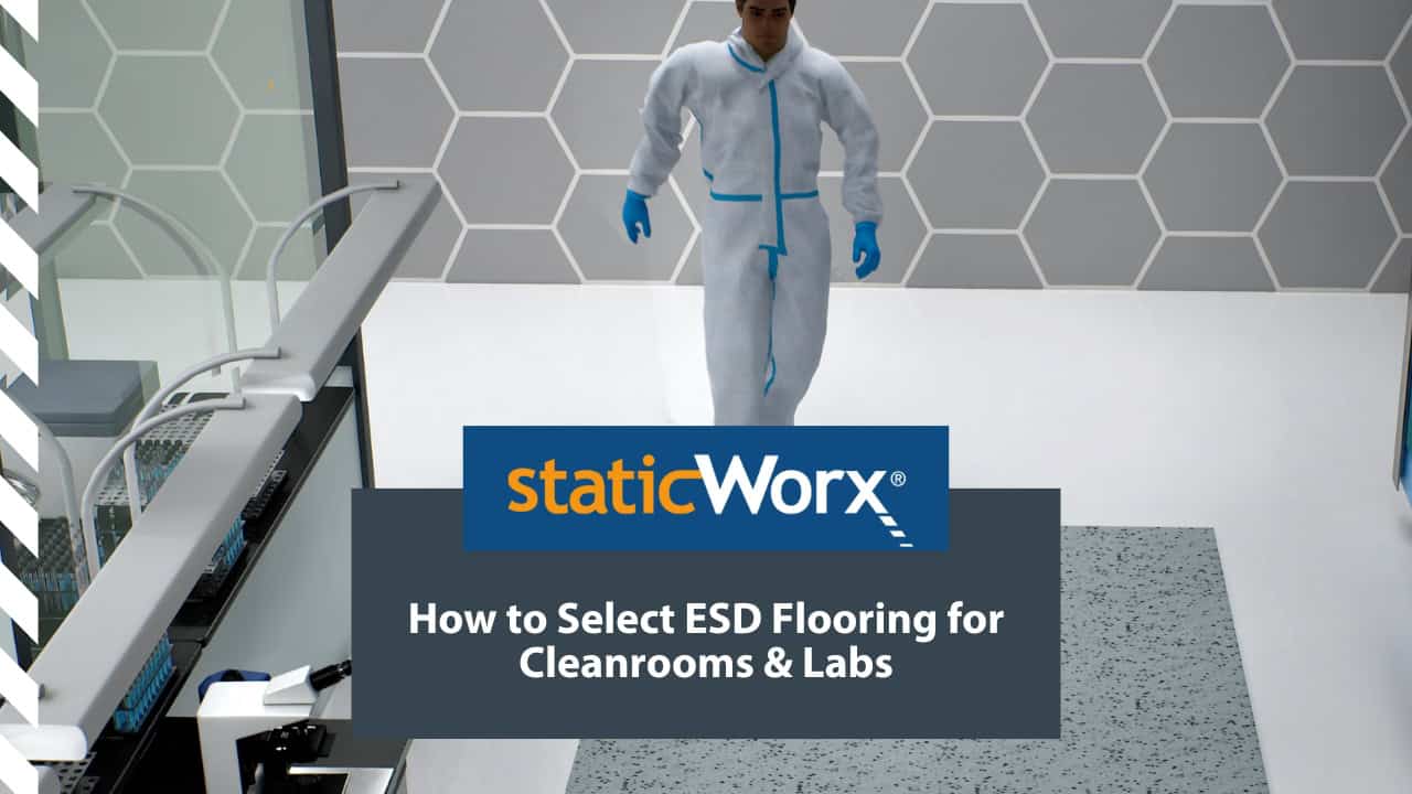 Background image is a still image from a video demonstrating how to select an ESD floor type for cleanrooms and labs. The second is a dark blue-gray and includes the text in white: “How to Select ESD Flooring for Cleanrooms and Labs”