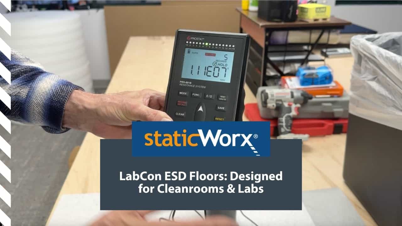 Background image is a completed still from a video demonstrating resistance and static decay tests, showing LabCon ESD flooring meets S20.20 and ASTM static-dissipative standards and discharges static quickly. At the bottom is a bright blue with the StaticWorx logo. The second is a dark blue-gray and includes the text in white: “LabCon ESD Floors: Designed for Cleanrooms & Labs”