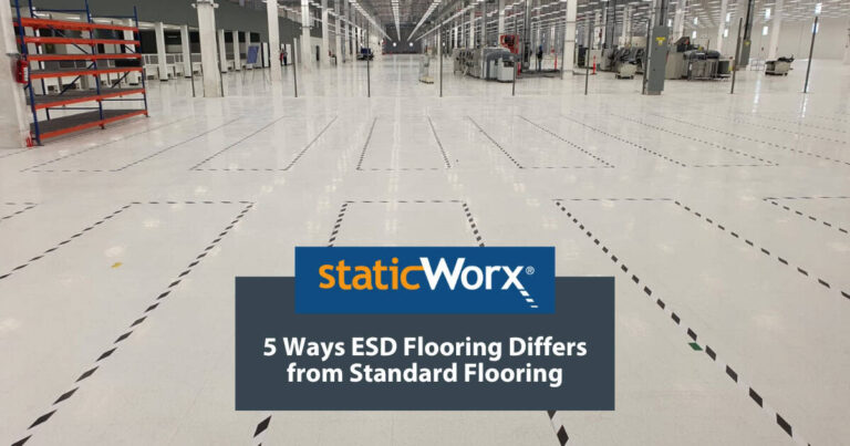Background image is a completed installation of AmeriWorx ESD solid vinyl tile in a large facility. In the foreground at the bottom are two boxes. The top is a bright blue with the StaticWorx logo. The second is a dark blue-gray and includes the text in white: “5 Ways ESD Flooring Differs from Standard Flooring"