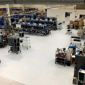 Completed installation of a GroundLock Extreme interlocking ESD tile in an electronics design and manufacturing facility.