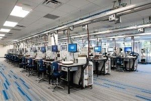 Photo is of a completed ShadowFX static-dissipative (ESD) carpet installation in an electronics manufacturing and assembly facility.