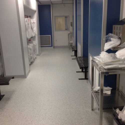 Completed installation of GroundLock ESD interlocking tile in a cleanroom