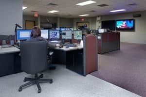 An ESD flooring installation - made up of Eclipse EC (electrically conductive) rubber and ShadowFX static-dissipative (ESD) carpet tile in a 9-1-1 dispatch center.